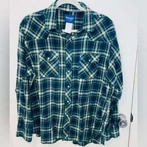 Vtg 90s WRANGLER PLAID SHIRT Pearl Snap Blue Green long Sleeve Size xl flannel